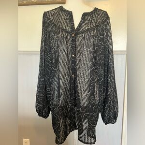 Bobeau Sheer Button Down Top / Romantic / Flowy / Balloon Sleeve / Plus Size: 2X
